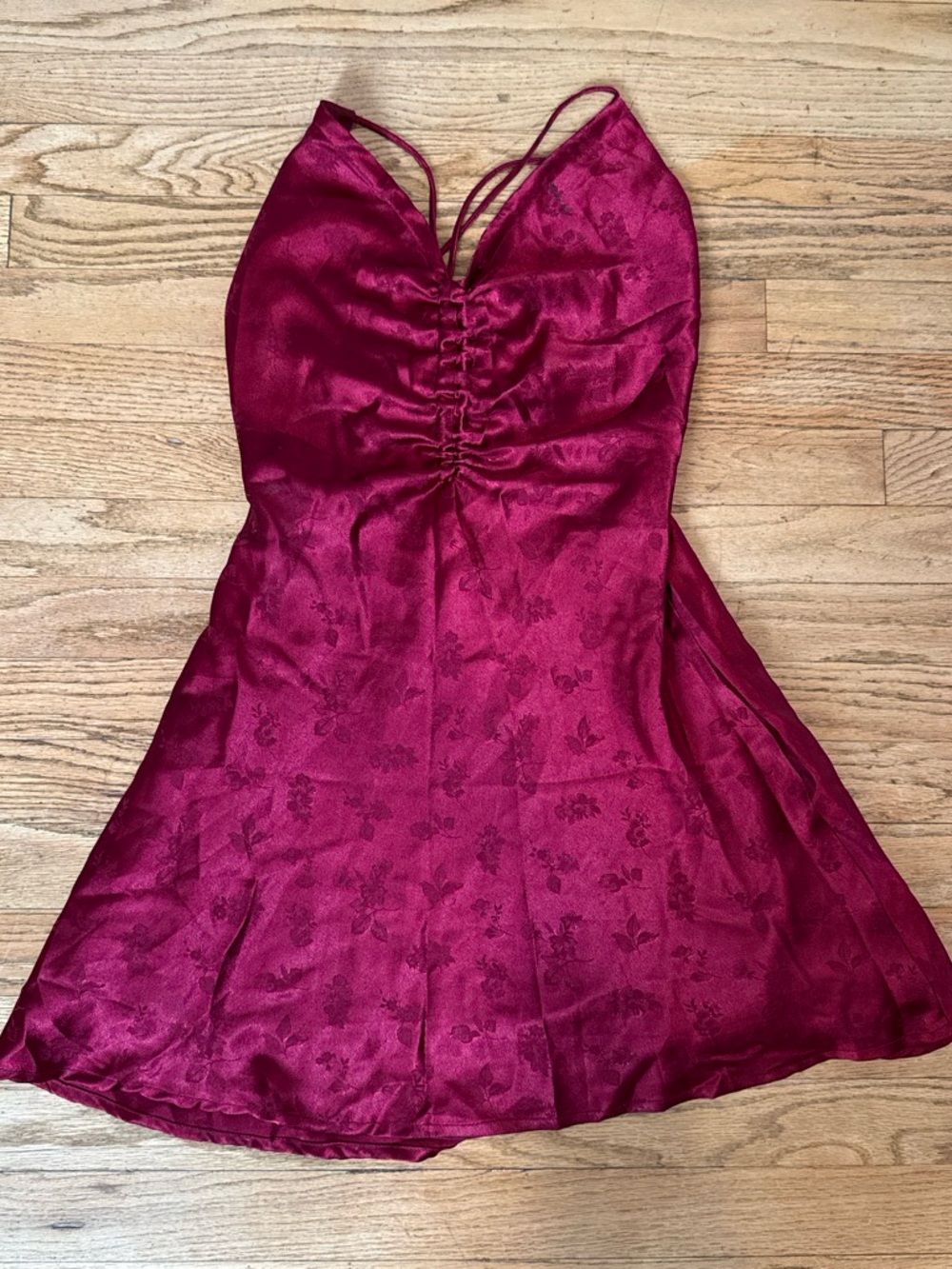 Le Lis Magenta Floral Satin Ruched Mini Dress